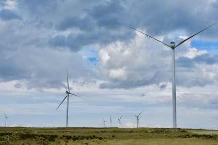 Dramatic cloudscape over wind turbines field at Teruel region, Spainの写真素材