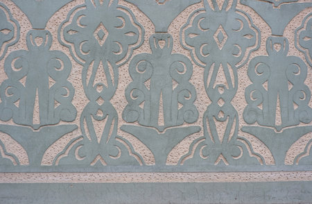 Original art deco ornamentation in classical style in Fuencarral district, Madrid, Spain. Pastel green faded color.の写真素材