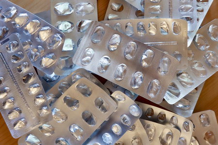 Pile of empty different blister packs. Photo for backdropsの写真素材