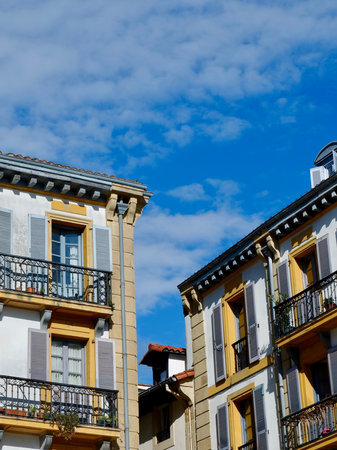 Colorful antique facades downtown in San Sebastian, Basque country, Spain. Vertical photoの写真素材