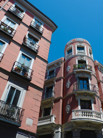 Classy authentic buildings in Chueca downtown district in Madrid, Spain.の写真素材