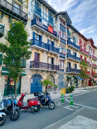 Hondarribia, Basque country, Spain - July 8, 2021: authentic colourful buildings downtown of the city.のeditorial素材