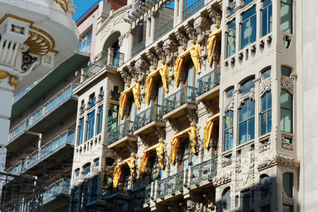Elegant building facades in Zaragoza, capital city of Aragon Community, Spain.のeditorial素材