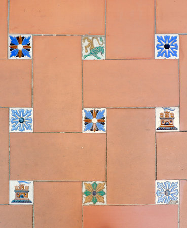 Tiled floor with arabesque ornament outside on the streets in downtown Madrid, Spain. Vertical photo.の写真素材
