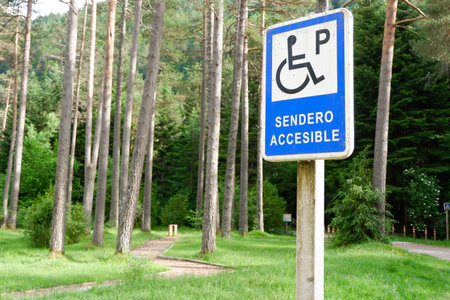 Road sign for accessible parking in the forest outside in Bielsa, Huesca, Spain. Text on the sign from Spanish means: accessible trail.の写真素材