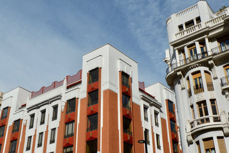 Modernist classical houses of vibrant colors in the center of Madrid, Spain.の写真素材