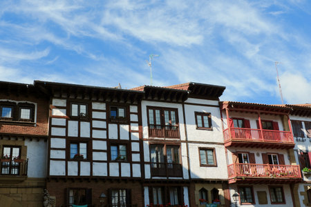 Nostalgic Basque houses in the fishermans area downtown of Hondarribia, Spain. Vintage architecture. Old-fashioned living.の写真素材