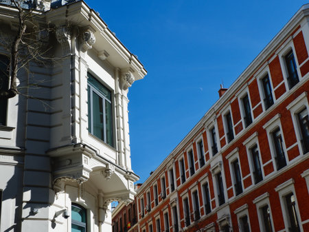 Elegant lines of neoclassical buildings in the center of Madrid, Spain.