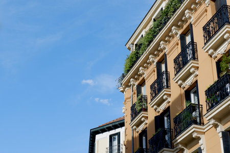 Corner of classical rich buildings with vivid greenery downtown madrid, spain. Spanish vintage...