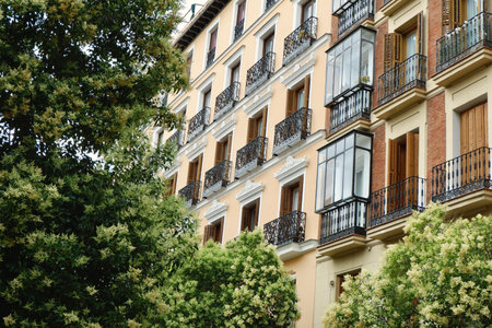 A beautiful apartment building features ornate balconies and large windows, nestled among lush trees in a lively city neighborhood during the day. Sunlight enhances the warm tones of the architecture.の写真素材