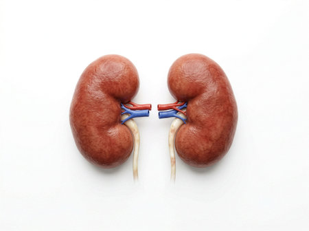 This shows two human kidneys placed side by side on a white surface. The image highlights the blood...