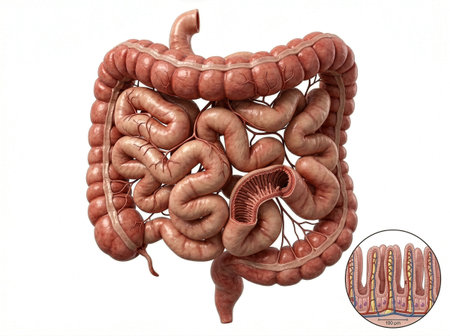 Small intestine shown on a plain white background. This representation provides details of the...