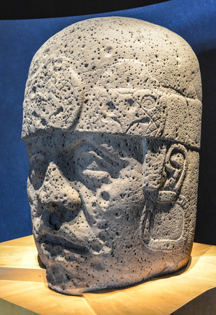 An Olmec colossal head sculpted from a large basalt boulder  The head dates from at least before 900 BC and is a distinctive feature of the Olmec civilization of ancient Mesoamerica のeditorial素材
