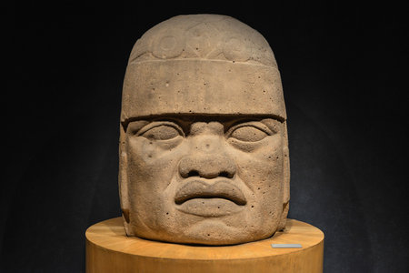 An Olmec colossal head sculpted from a large basalt boulder  The head dates from at least before 900 BC and is a distinctive feature of the Olmec civilization of ancient Mesoamerica のeditorial素材