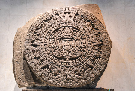 The Aztec calendar stone, Mexica sun stone, Stone of the Sun  or Stone of the Five Eras, is a large monolithic sculpture that was excavated in the ZÃ³calo, the main square of Mexico City, on December 17, 1790 のeditorial素材