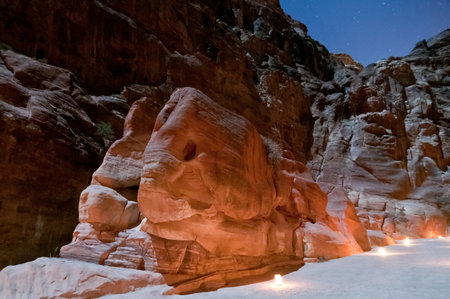 Elephant rock along the trail in Petra, Jordan at night - one of most beautiful sites in middle eastの写真素材