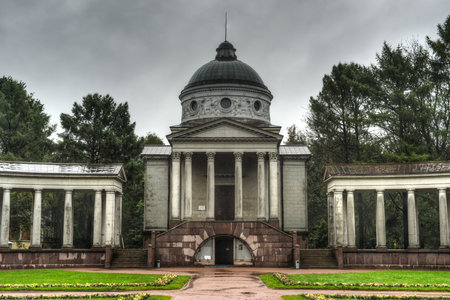 Museum-Estate of Arkhangelskoe Palace  Yusupov family Temple and Burial Vault with the surrounding colonnade  A historical estate located 20 kilometers west of Moscow on the Moskva River のeditorial素材