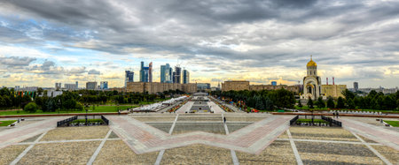 View from Poklonnaya Hill in Victory Park, Moscow, Russia  View of Moscow City under construction and Saint Georgeのeditorial素材