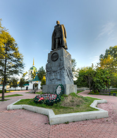 Monument to Admiral Kolchak near the Znamensky Monastery in Irkutsk, Russia at dawn  Leader of the White forces during the Russian Civil War のeditorial素材