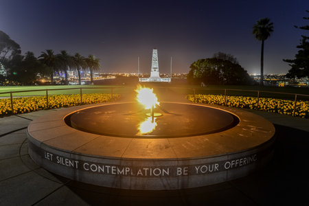 Wide angle view of the War Memorial and Eternal Flame in Kings Park, Perth, Australia at dusk のeditorial素材
