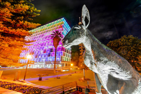 Council House in Perth. A 13-story office building set beside Stirling Gardens on St Georges Terrace in Perth, Western Australia. It is illuminated by LEDs at night and built in the modernist style.のeditorial素材