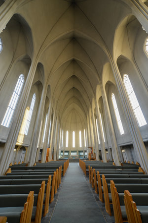 Hallgrimskirkja Cathedral in Reykjavik, Iceland.  The Lutheran (Church of Iceland) parish church in Reykjavik, Iceland. At 73 metres (244 ft), it is the largest church in Iceland.のeditorial素材