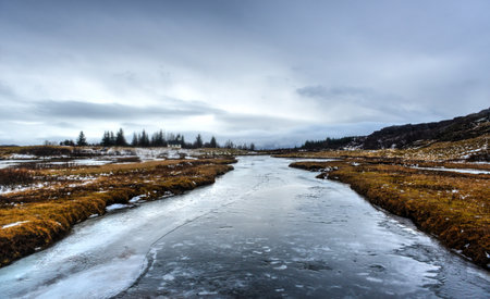 View of Oxara River, Iceland in the winter.の写真素材