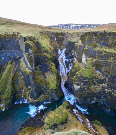 Fjadrargljufur canyon in southeast Iceland which is up to 100m deep and about 2 km long, with the...