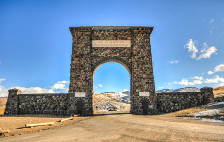 Roosevelt Arch at the North Entrance to Yellowstone National Park in Gardiner, Montana which was dedicated in 1903.の写真素材