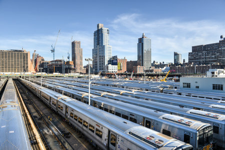 The West Side Train Yard for Pennsylvania Station in New York City from the Highline. View of the railcars for the Long Island Railroad. The future site of the Hudson Yards Redevelopment Project.のeditorial素材