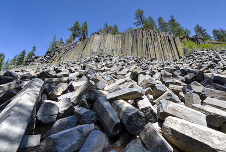Basalt formations at Devil's Postpile National Monument near Mammoth Mountain in California.