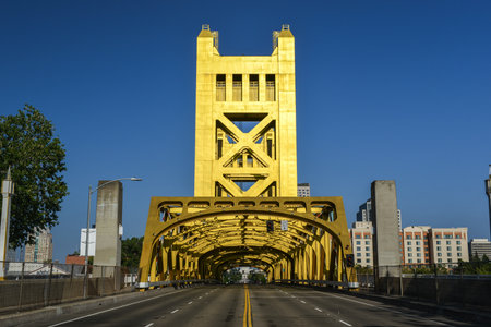 The Tower Bridge (1935) is a vertical lift bridge that crosses the Sacramento River in Sacramento, California.の写真素材