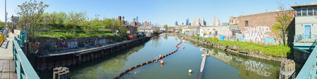 Panorama of the Gowanus Canal, also known as the Gowanus Creek Canal, is a canal in the New York City borough of Brooklyn, geographically on the westernmost portion of Long Island.のeditorial素材