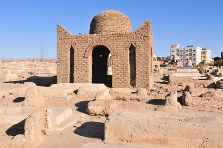 Ancient brick tombs in the Fatimid Cemetery dating back to the 9th centuryin Aswan, Egyptの写真素材