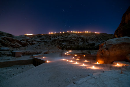 Trail to the Treasury (Khasneh) in Petra, Jordan at night - one of most beautiful sites in middle eastの写真素材