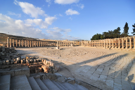 The Oval Forum of Jerash. The site of the ruins of the Greco-Roman city of Gerasa, also referred to as Antioch on the Golden River. It has a prominent oval forum.の写真素材