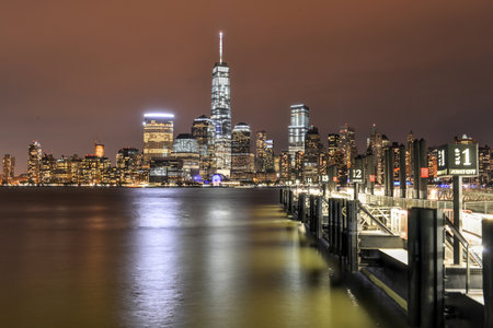 New York City Manhattan skyline at night over Hudson River viewed from New Jerseyの写真素材