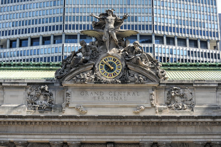 Grand Central Station in New York. The iconic beaux arts statue of the Greek God Mercury that adorns the south facade of Grand Central Terminal on East 42nd Street.のeditorial素材