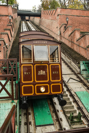 The Budapest Castle Hill Funicular. Castle hill funicular in Budapest, Hungary. Budavari Siklo, Budapest, Hungary.のeditorial素材