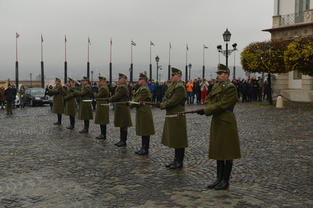 BUDAPEST, HUNGARY - NOVEMBER 28, 2014. Ceremony of changing the Guards near of the Presidential Palace in Budapest, Hungary.のeditorial素材