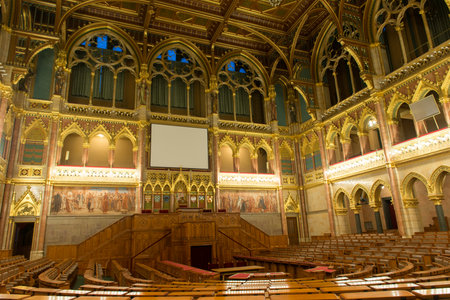 BUDAPEST, HUNGARY - NOVEMBER 28, 2014: Interior of the House of Magnates of the Hungarian Parliament Building in Budapest. It is one of Europe's oldest legislative buildings.のeditorial素材