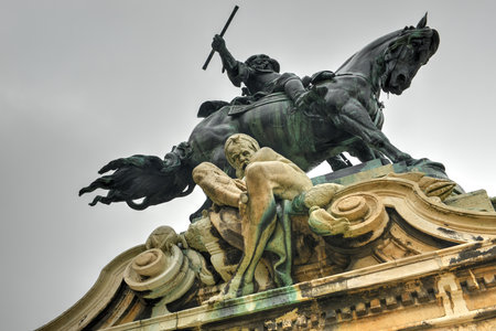 Buda Castle and the statue of Prince Eugene of Savoy over a defeated Ottoman Turk in Budapest, Hungary.のeditorial素材