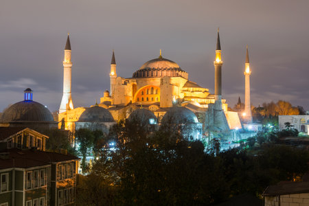 Hagia Sofia at night in Istanbul, Turkeyの写真素材