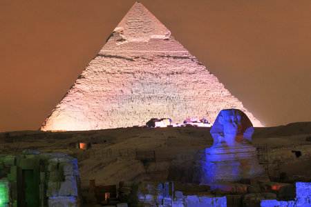 CAIRO, EGYPT - JANUARY 1, 2009: Giza pyramid and Sphinx light up for magical sound and light show.のeditorial素材