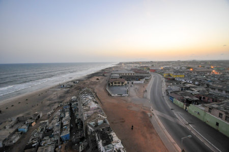 ACCRA, GHANA - APRIL 29, 2012: Panoramic view of Accra, Ghana in the evening from the Jamestown Lighthouse.のeditorial素材