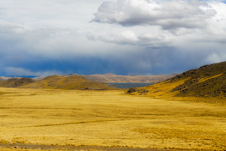 Road Cusco-Puno, Peru, South America. Sacred Valley of the Incas. Spectacular nature of mountains and blue sky.の写真素材