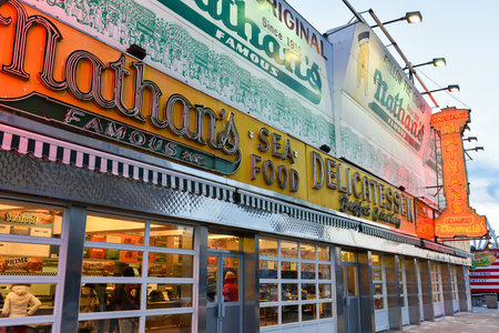 BROOKLYN, NEW YORK - JANUARY 1, 2015: Nathan's Famous Hotdogs is a historic landmark and tradition at Coney Island in Brooklyn, New York.のeditorial素材