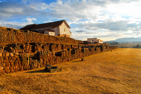 The ruins of the palace of the Incas in Chinchero, Cuzco, Peru at sunset.のeditorial素材
