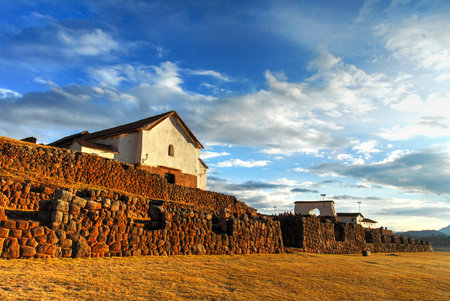 The ruins of the palace of the Incas in Chinchero, Cuzco, Peru at sunset.のeditorial素材
