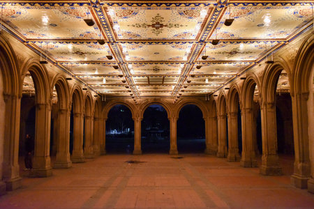 Bethesda Terrace at night with its beautiful ceiling in Central Park, New York.